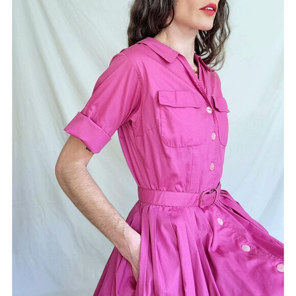 1950s Vintage Shirtwaist Dress: Hot Pink Pleated Cotton Day Dress, Womens - Picture 6 of 13